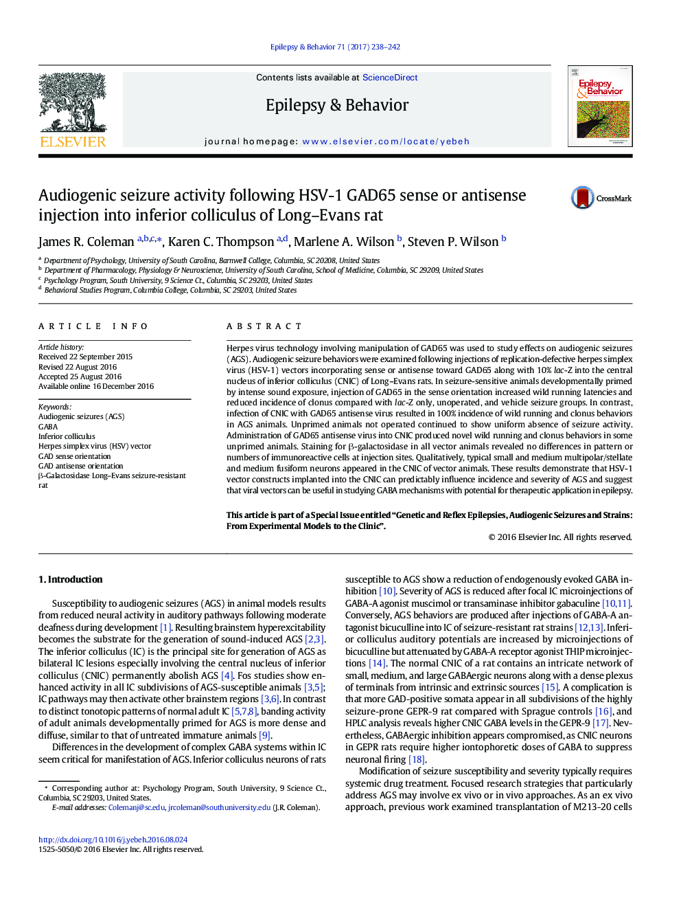 Audiogenic seizure activity following HSV-1 GAD65 sense or antisense injection into inferior colliculus of Long-Evans rat