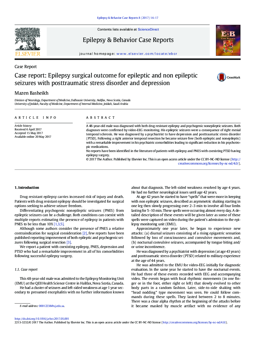 Case ReportCase report: Epilepsy surgical outcome for epileptic and non epileptic seizures with posttraumatic stress disorder and depression