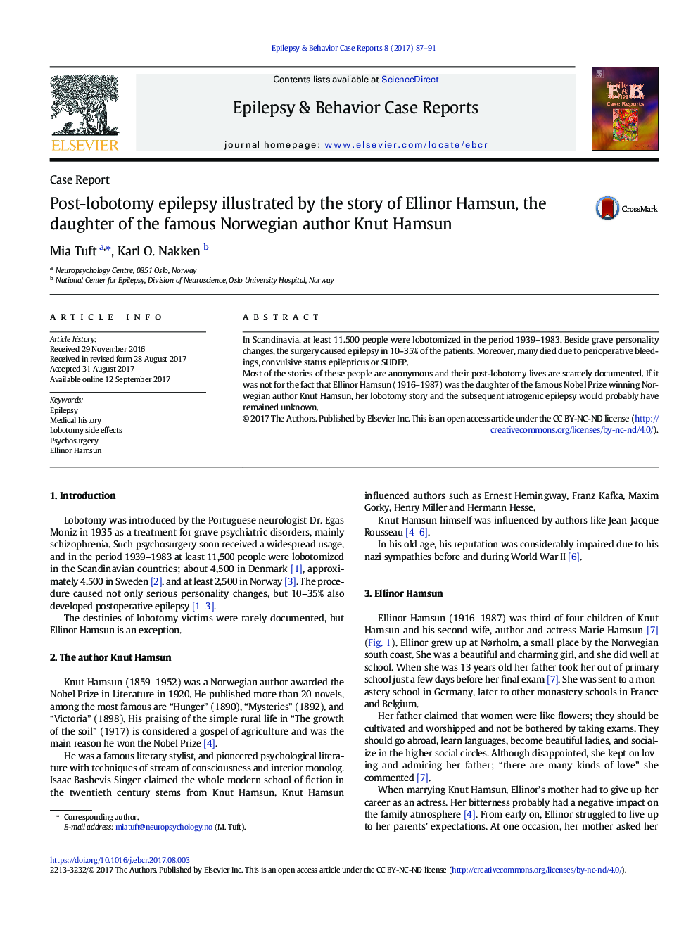 Case ReportPost-lobotomy epilepsy illustrated by the story of Ellinor Hamsun, the daughter of the famous Norwegian author Knut Hamsun