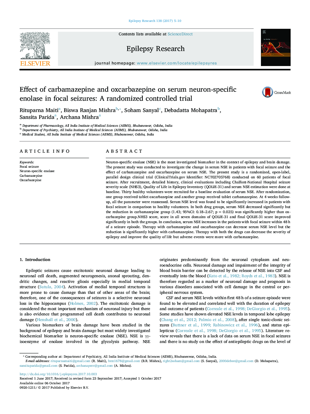 عکس صفحه اول مقاله: Effect of carbamazepine and oxcarbazepine on serum neuron-specific enolase in focal seizures: A randomized controlled trial Effect of carbamazepine and oxcarbazepine on serum neuron-specific enolase in focal seizures: A randomized controlled trial