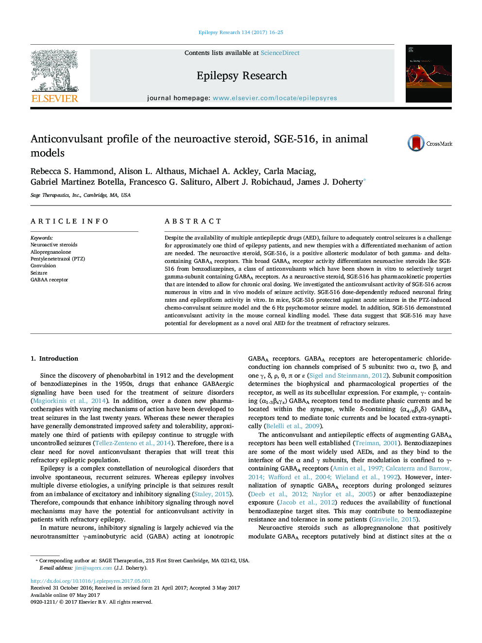 Anticonvulsant profile of the neuroactive steroid, SGE-516, in animal models