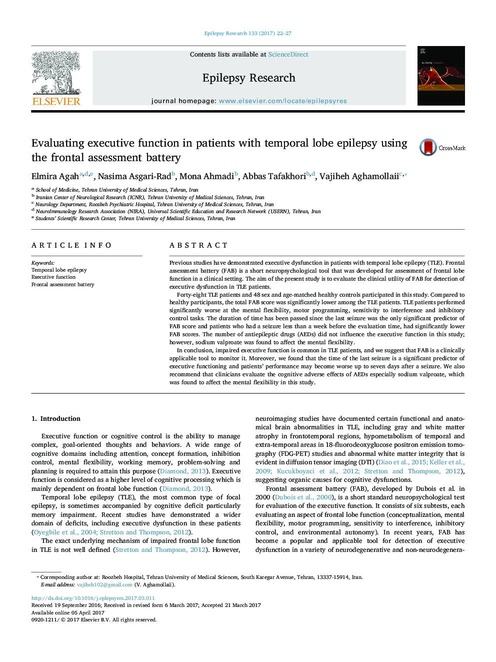 Evaluating executive function in patients with temporal lobe epilepsy using the frontal assessment battery