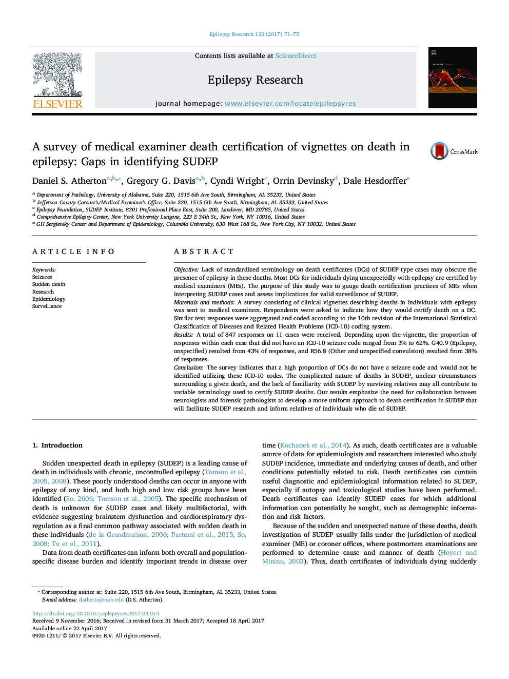 A survey of medical examiner death certification of vignettes on death in epilepsy: Gaps in identifying SUDEP