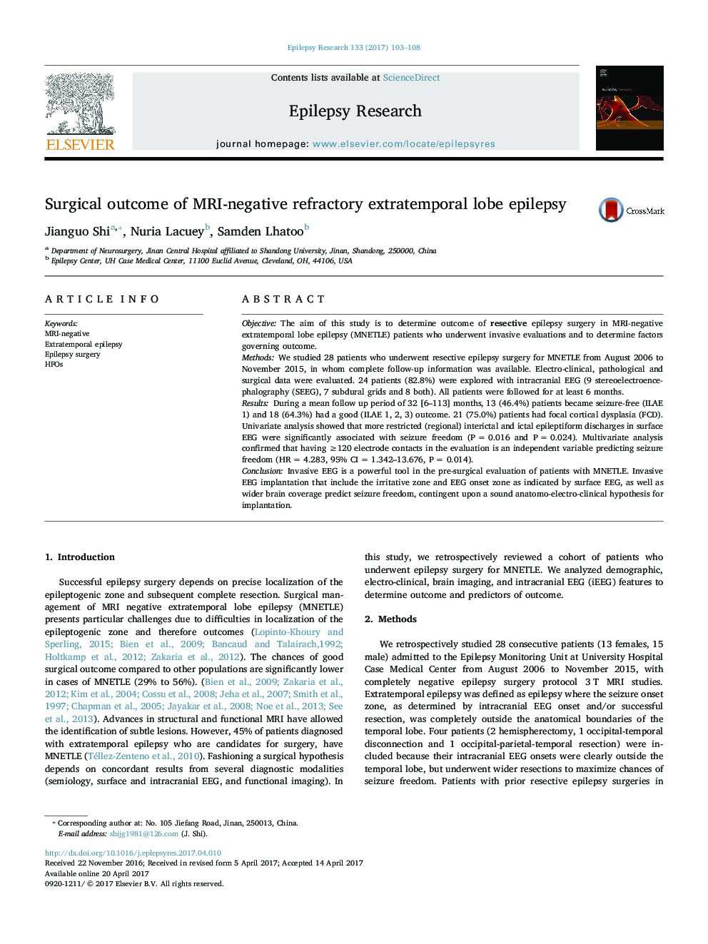 Surgical outcome of MRI-negative refractory extratemporal lobe epilepsy