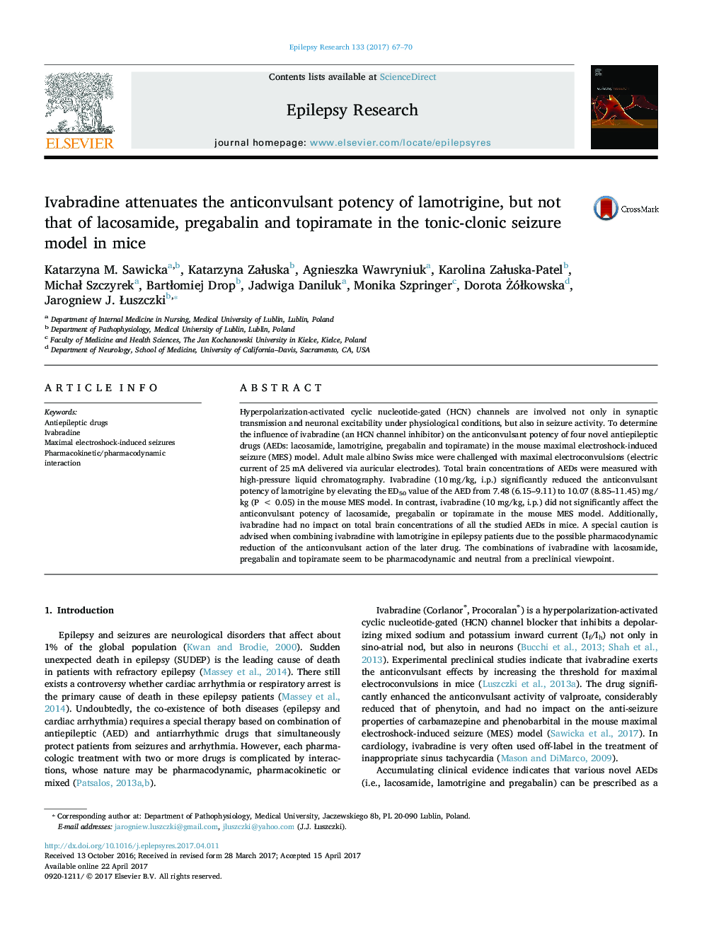 Ivabradine attenuates the anticonvulsant potency of lamotrigine, but not that of lacosamide, pregabalin and topiramate in the tonic-clonic seizure model in mice