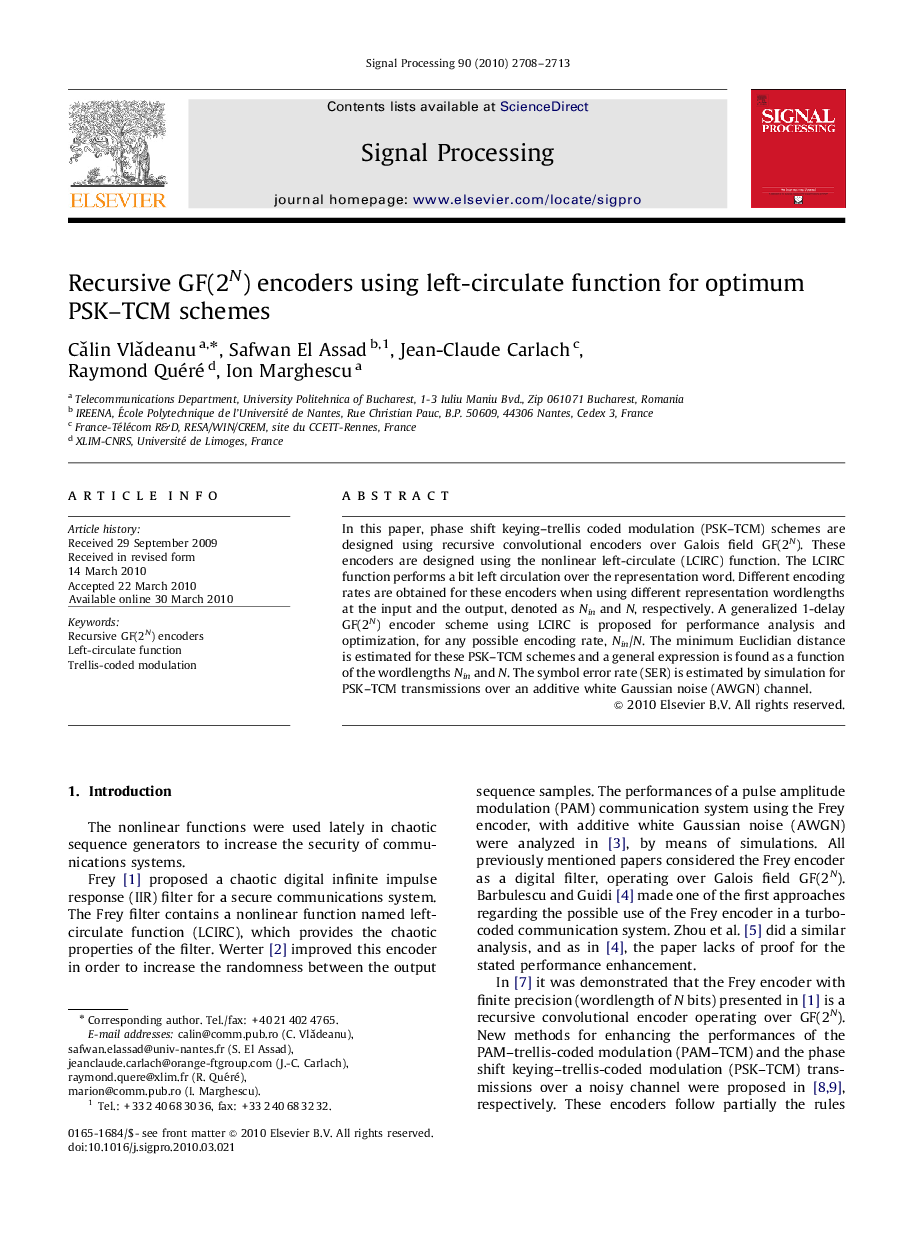 Recursive GF(2N) encoders using left-circulate function for optimum PSK–TCM schemes