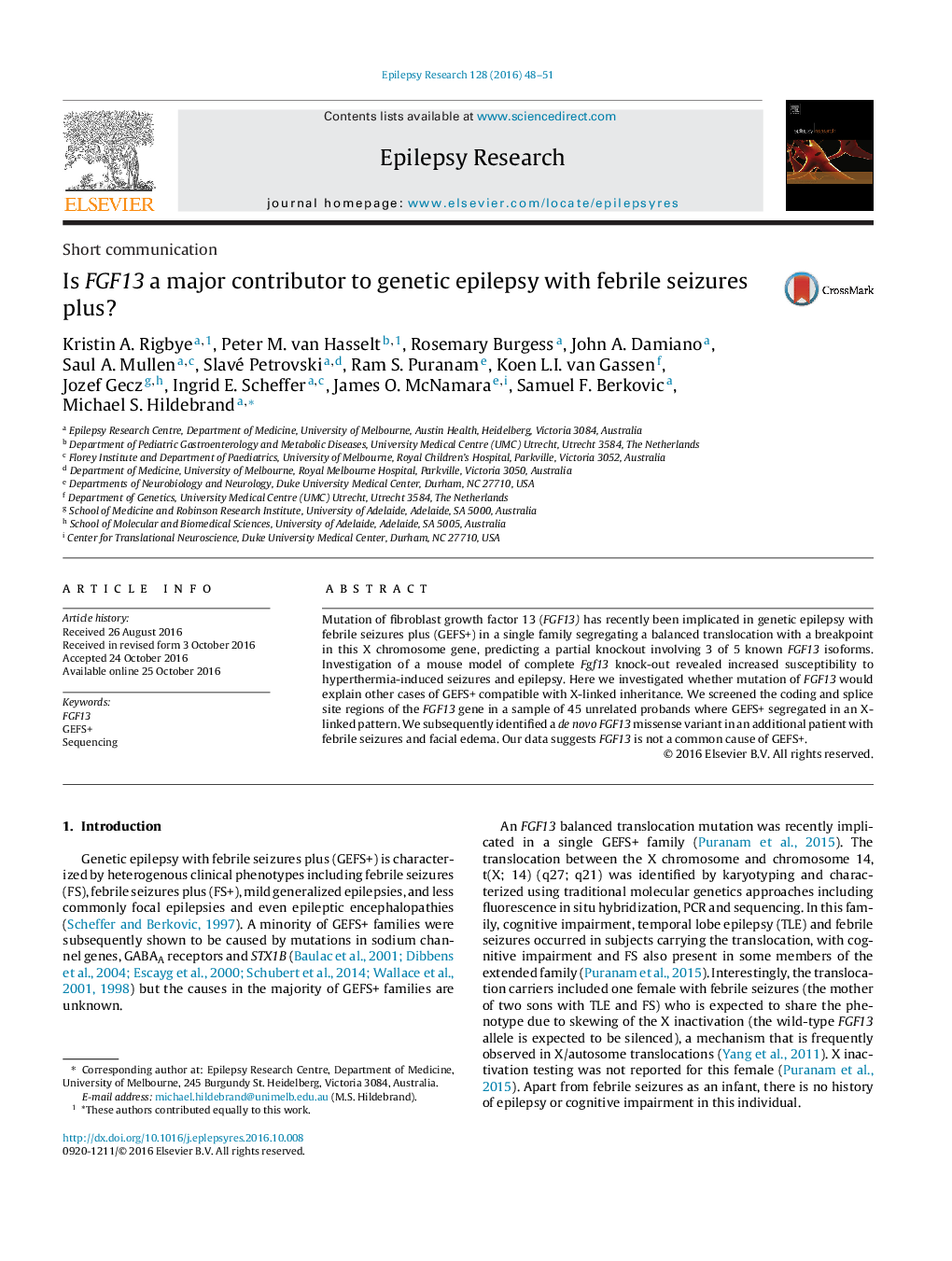 Short communicationIs FGF13 a major contributor to genetic epilepsy with febrile seizures plus?