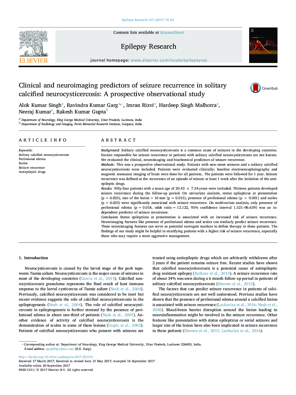 Clinical and neuroimaging predictors of seizure recurrence in solitary calcified neurocysticercosis: A prospective observational study