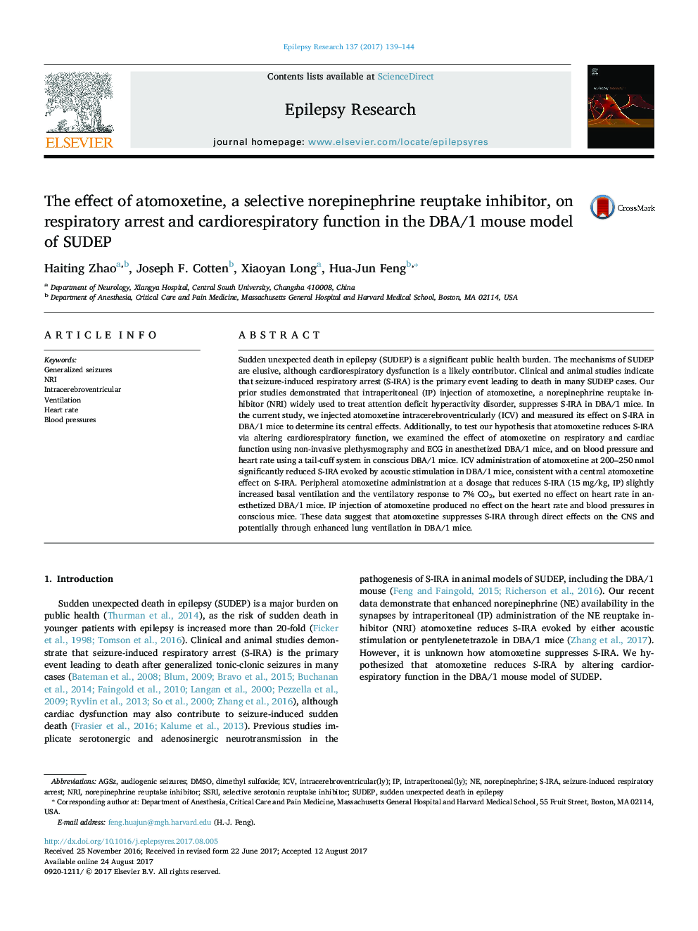 The effect of atomoxetine, a selective norepinephrine reuptake inhibitor, on respiratory arrest and cardiorespiratory function in the DBA/1 mouse model of SUDEP