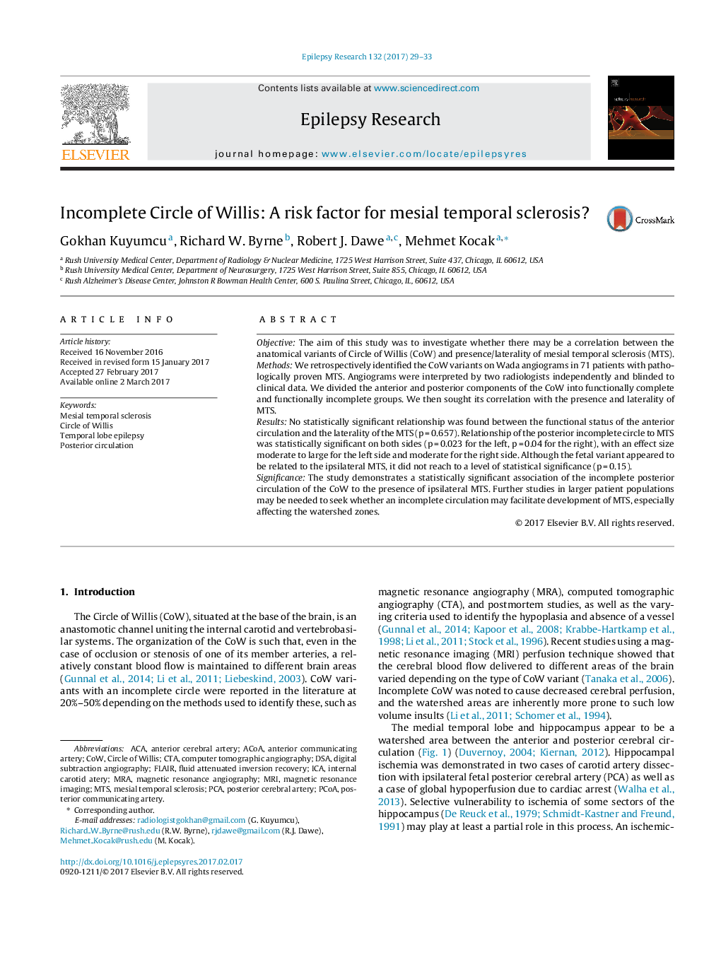 Incomplete Circle of Willis: A risk factor for mesial temporal sclerosis?