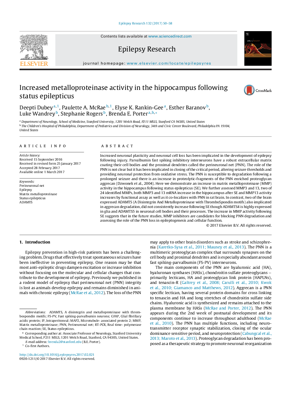 Increased metalloproteinase activity in the hippocampus following status epilepticus