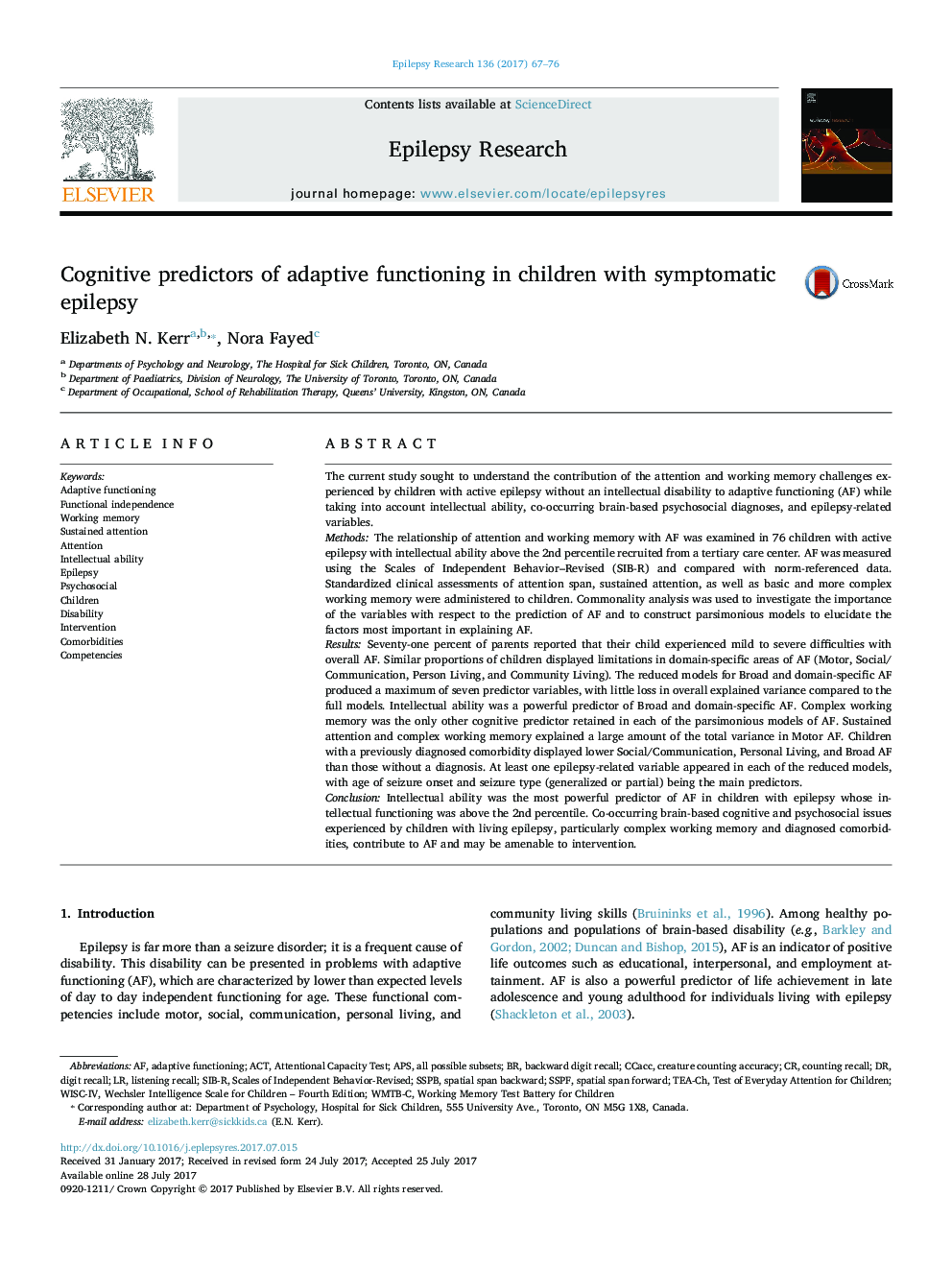 Cognitive predictors of adaptive functioning in children with symptomatic epilepsy