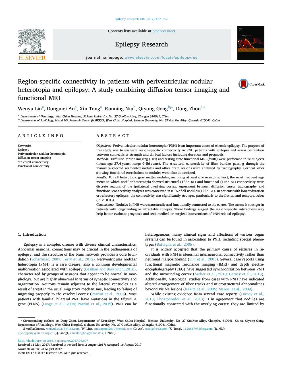 Region-specific connectivity in patients with periventricular nodular heterotopia and epilepsy: A study combining diffusion tensor imaging and functional MRI