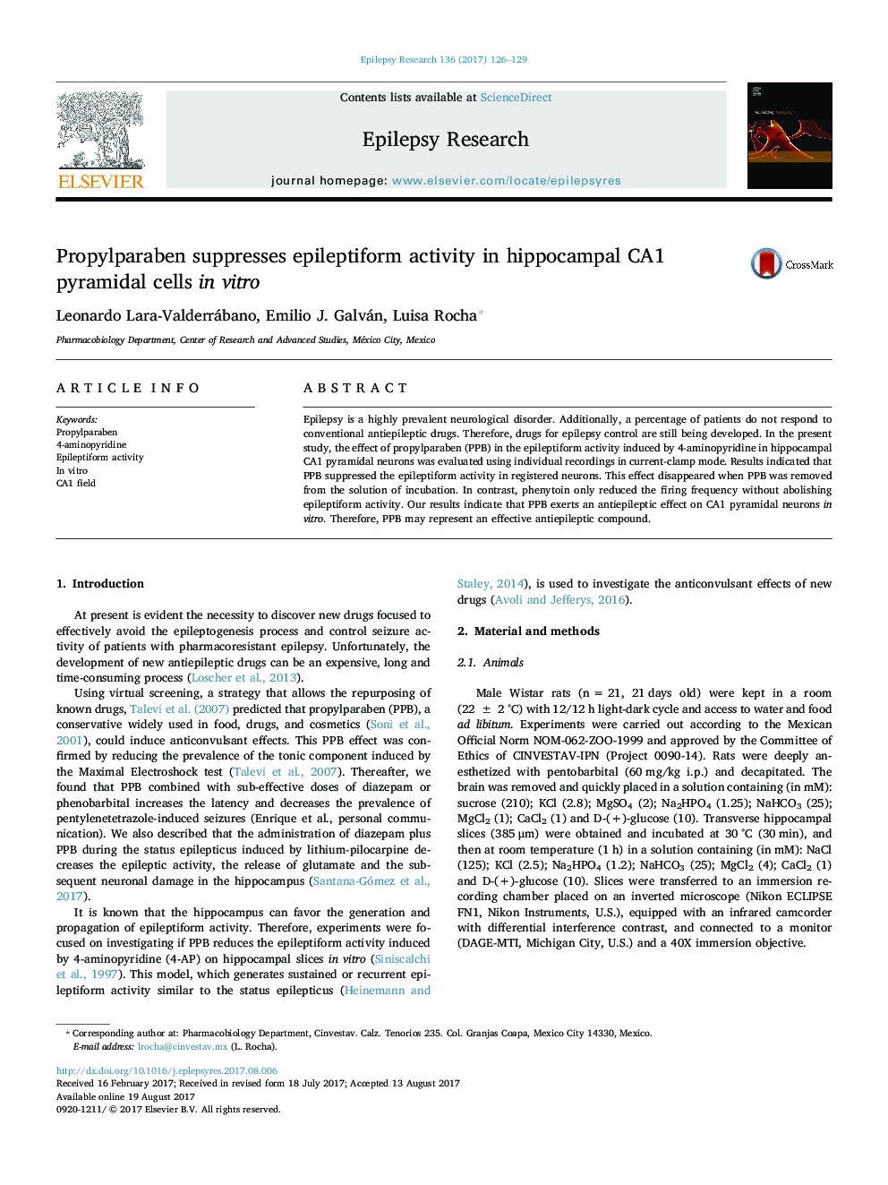 Propylparaben suppresses epileptiform activity in hippocampal CA1 pyramidal cells in vitro