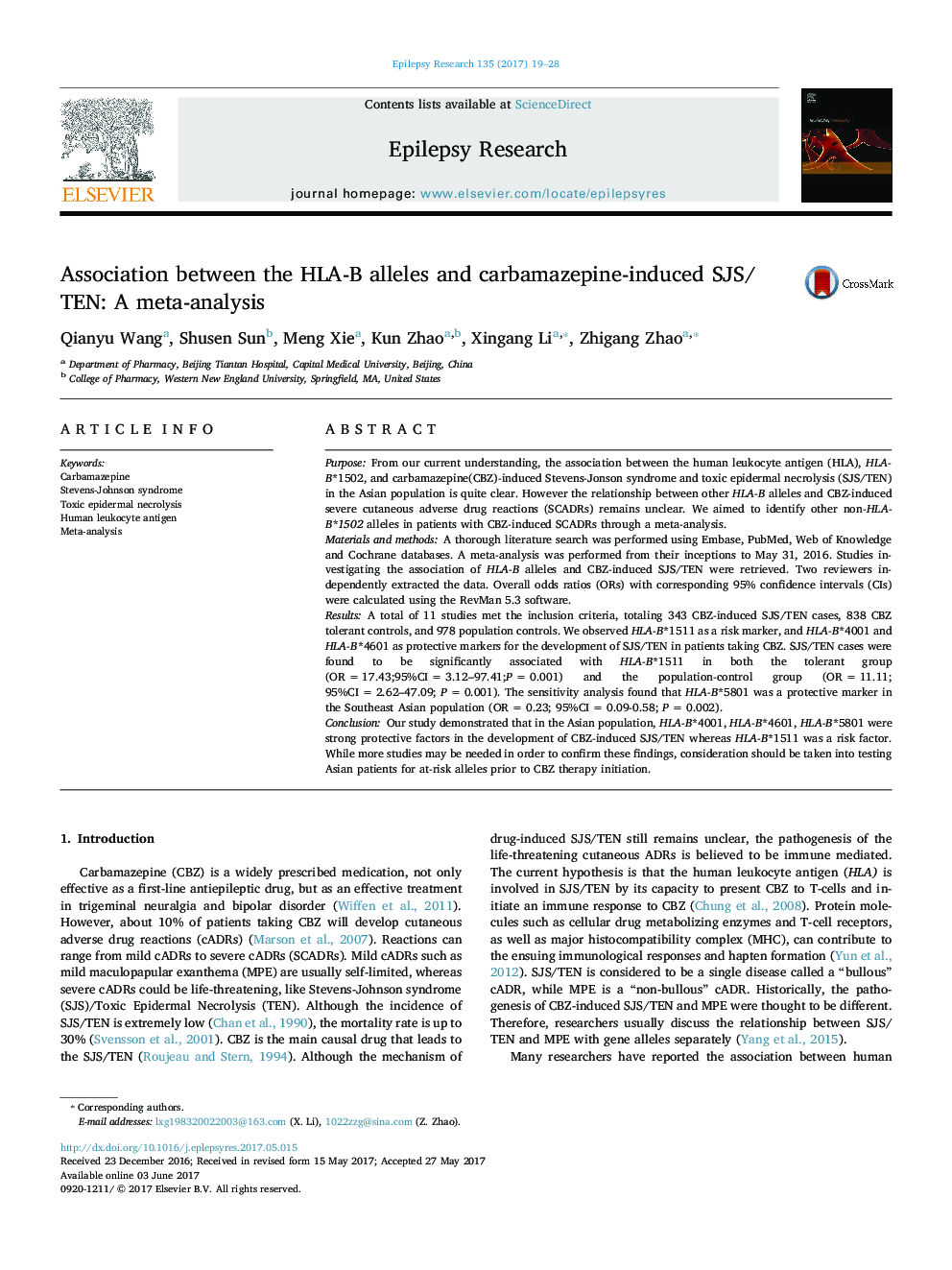 Association between the HLA-B alleles and carbamazepine-induced SJS/TEN: A meta-analysis