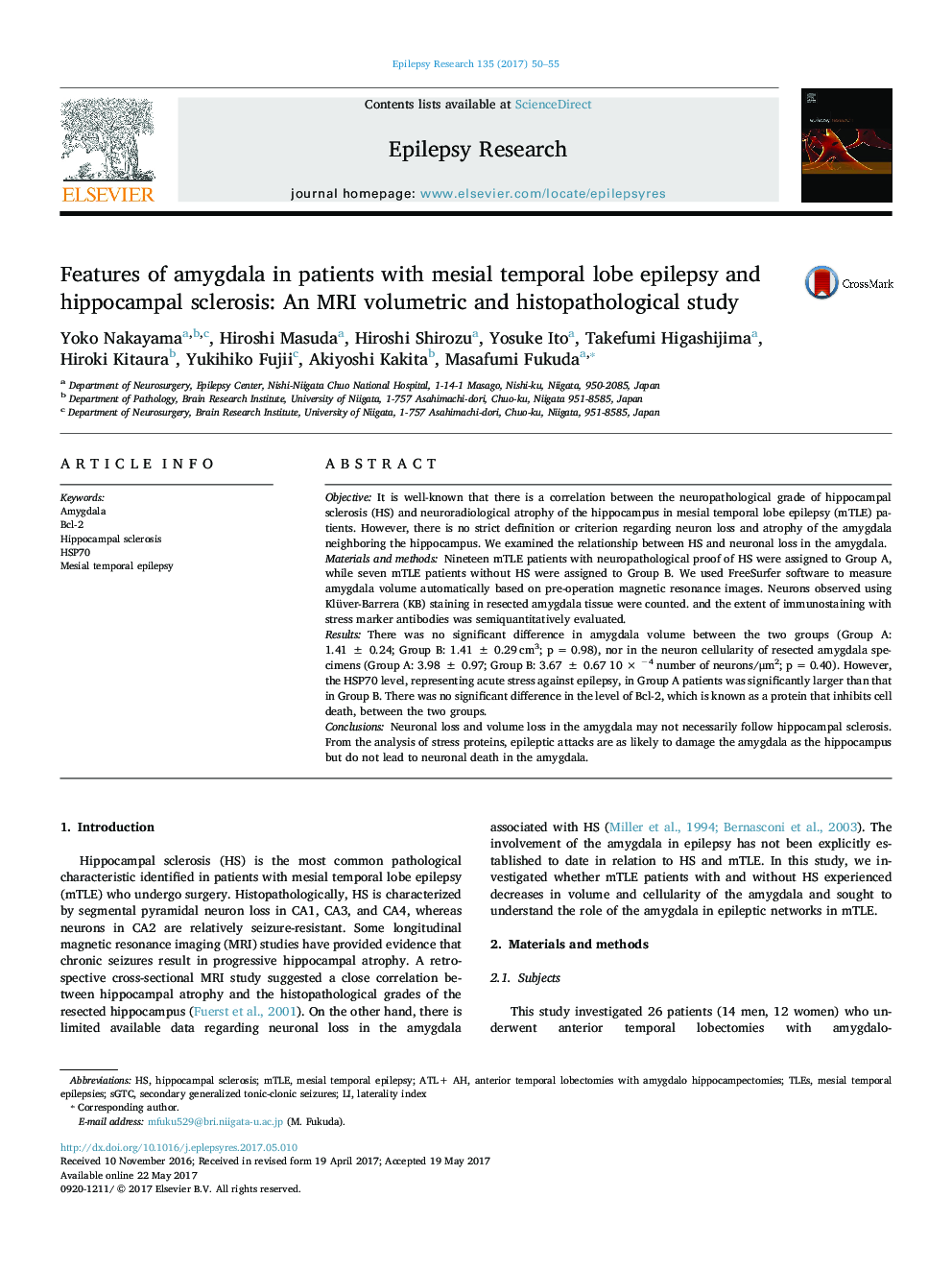 Features of amygdala in patients with mesial temporal lobe epilepsy and hippocampal sclerosis: An MRI volumetric and histopathological study