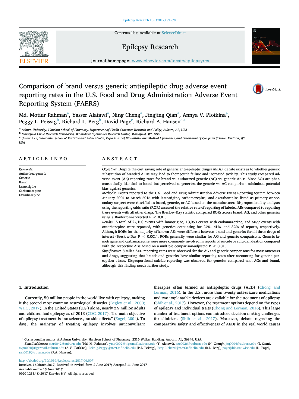 Comparison of brand versus generic antiepileptic drug adverse event reporting rates in the U.S. Food and Drug Administration Adverse Event Reporting System (FAERS)