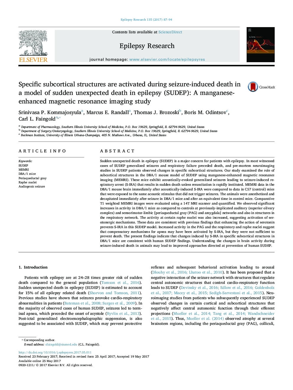 Specific subcortical structures are activated during seizure-induced death in a model of sudden unexpected death in epilepsy (SUDEP): A manganese-enhanced magnetic resonance imaging study