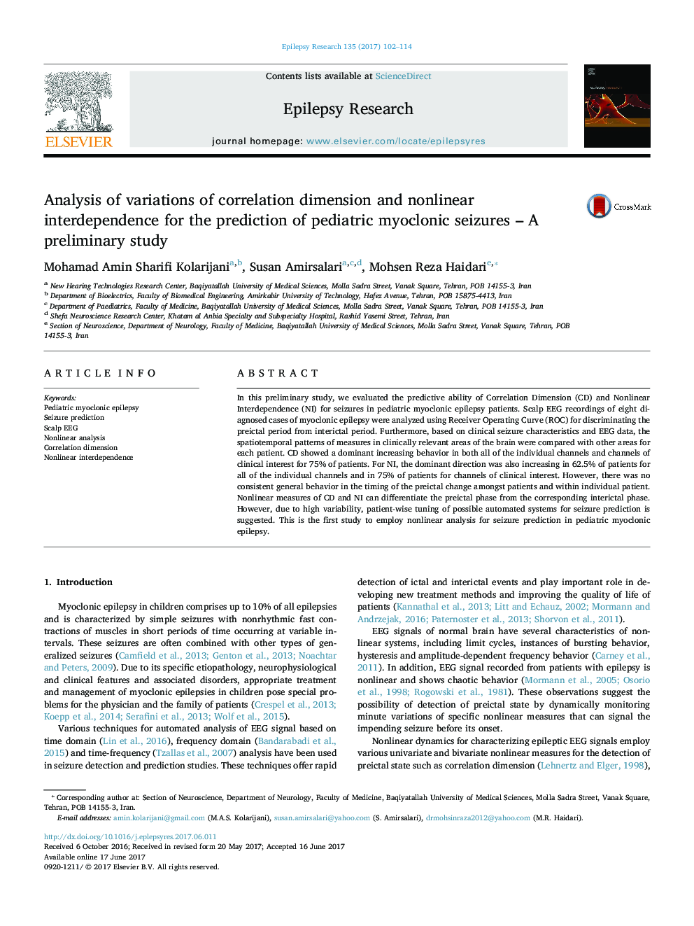 تجزیه و تحلیل تغییرات ابعاد همبستگی و وابستگی غیر خطی برای پیش بینی تشنج های میوکولونیک کودکان - یک مطالعه مقدماتی 