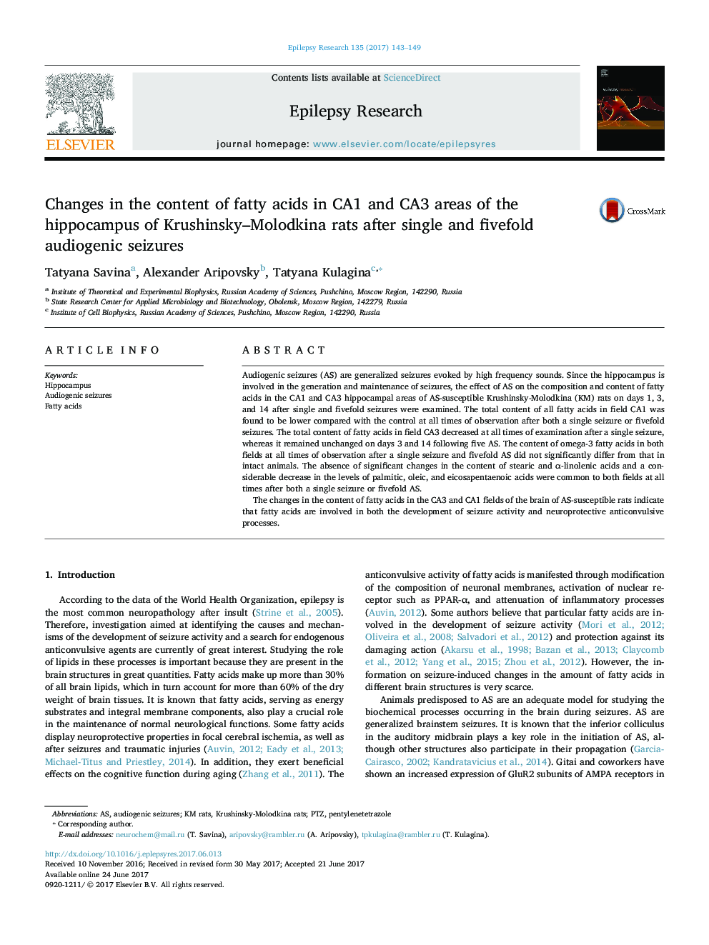 Changes in the content of fatty acids in CA1 and CA3 areas of the hippocampus of Krushinsky-Molodkina rats after single and fivefold audiogenic seizures