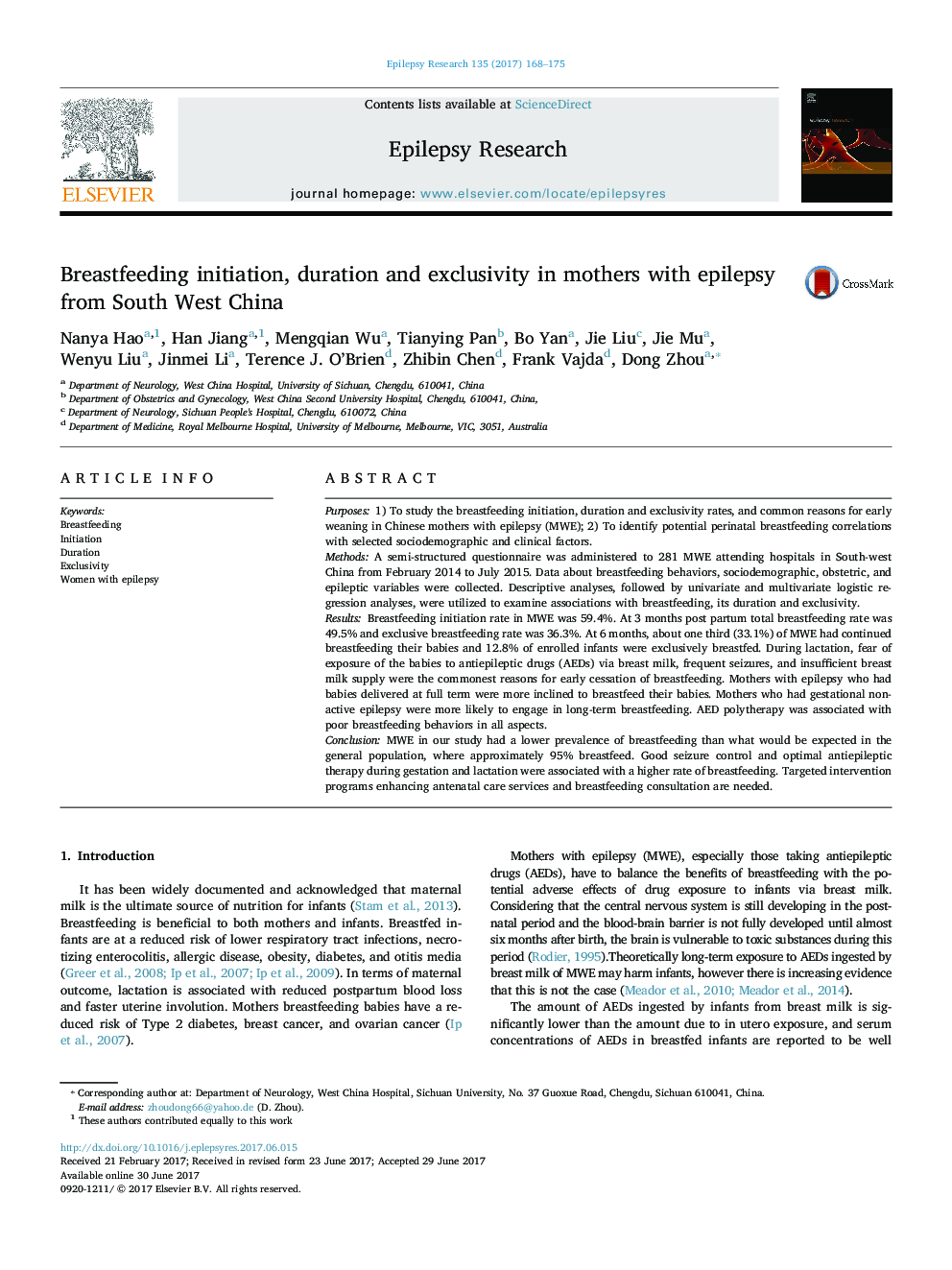 Breastfeeding initiation, duration and exclusivity in mothers with epilepsy from South West China