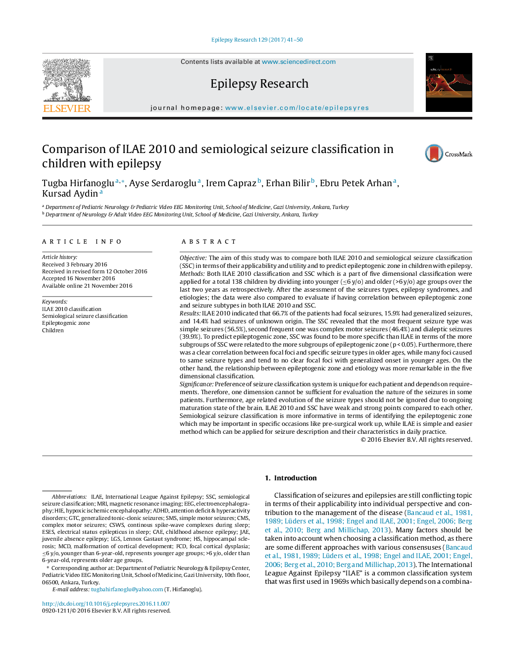 Comparison of ILAE 2010 and semiological seizure classification in children with epilepsy