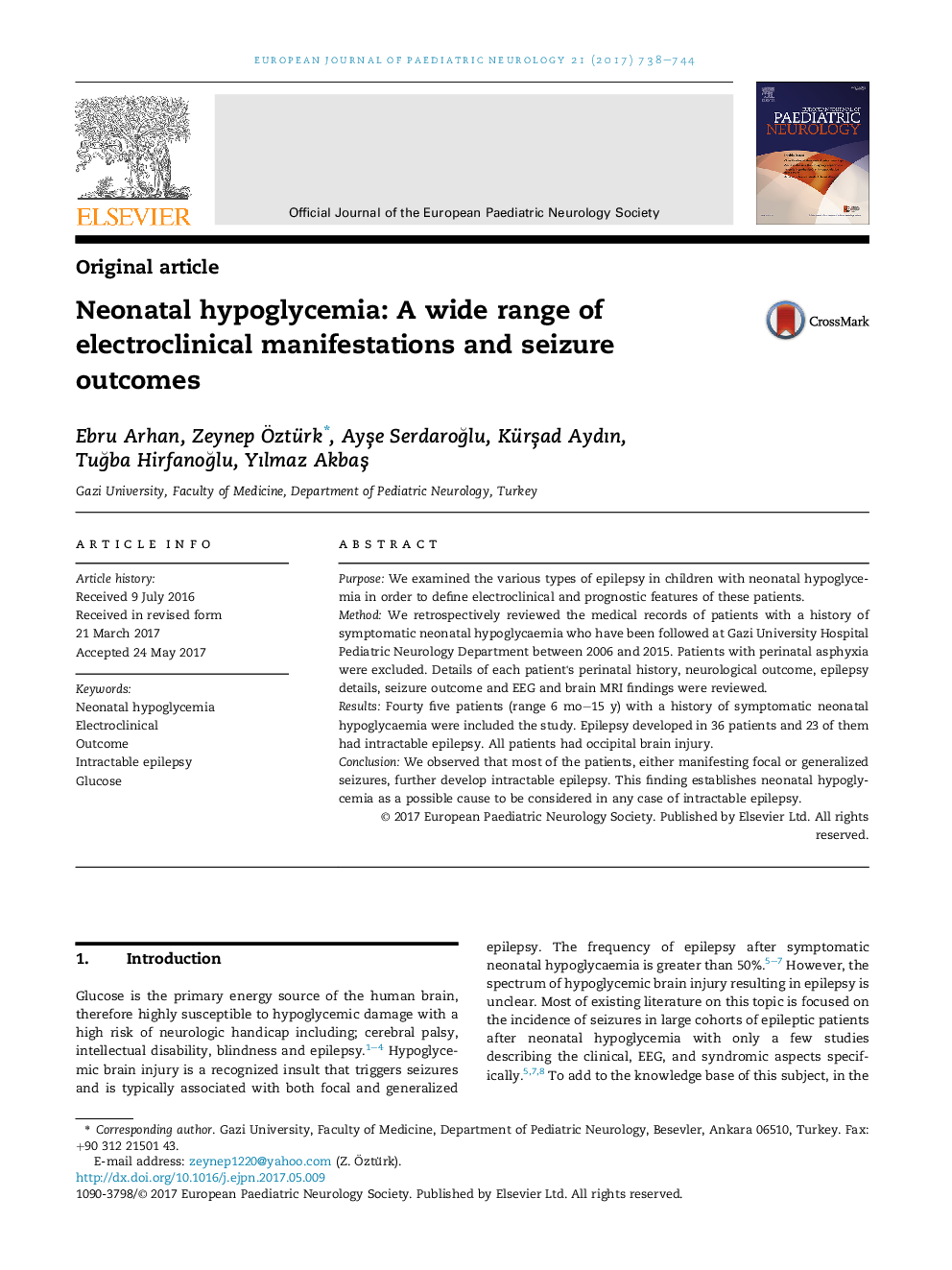 Original articleNeonatal hypoglycemia: A wide range of electroclinical manifestations and seizure outcomes