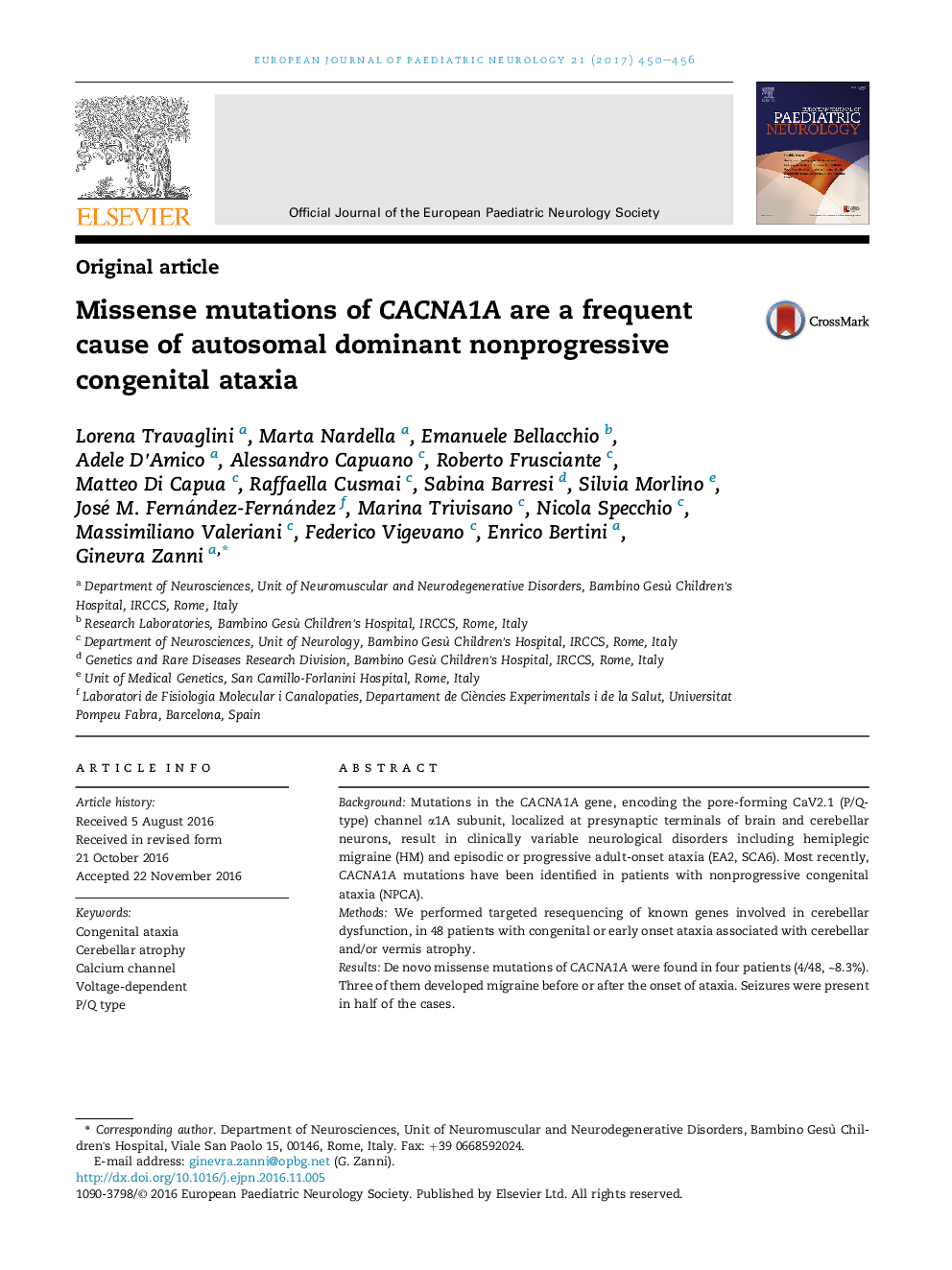 Original articleMissense mutations of CACNA1A are a frequent cause of autosomal dominant nonprogressive congenital ataxia