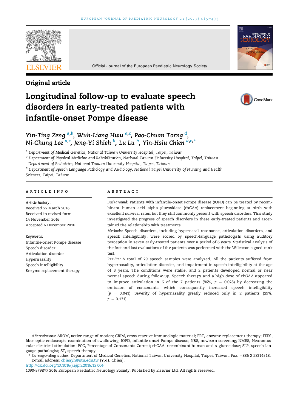 Original articleLongitudinal follow-up to evaluate speech disorders in early-treated patients with infantile-onset Pompe disease