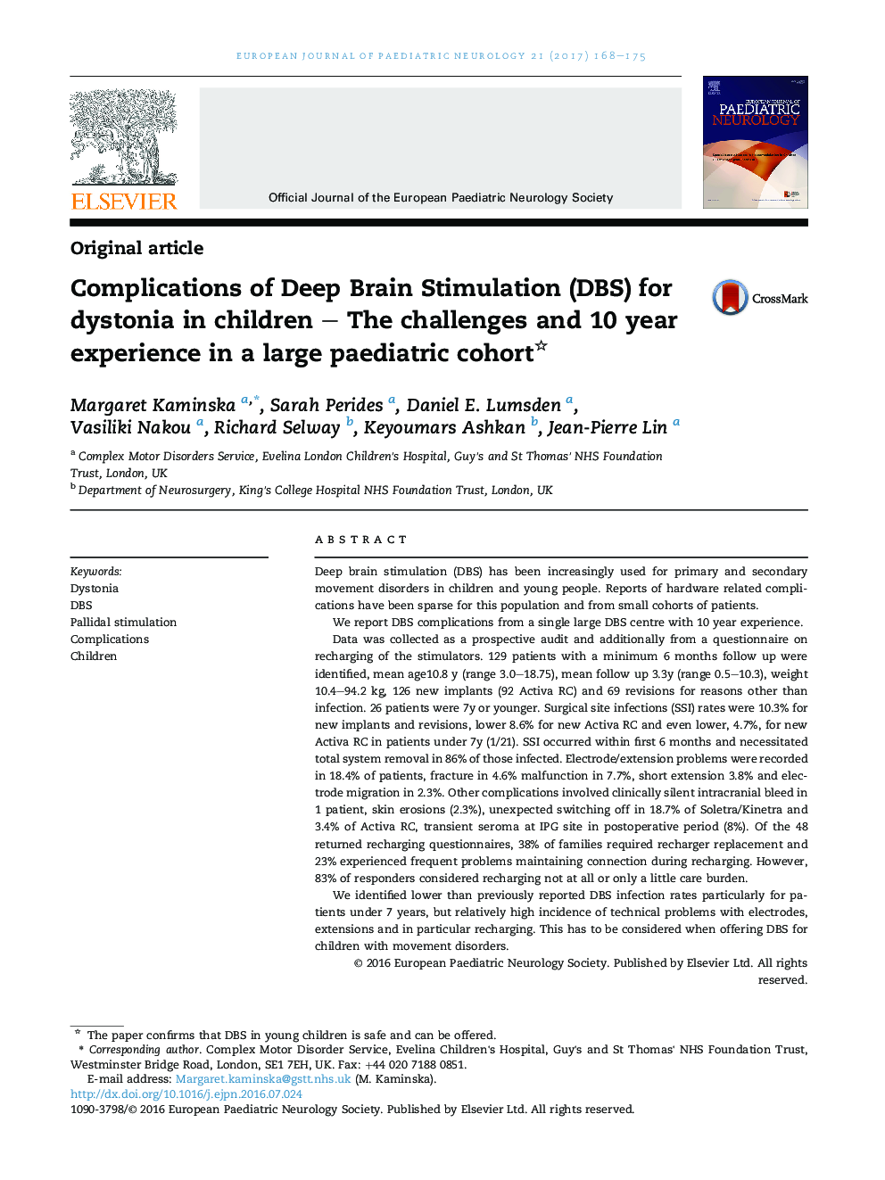 Original articleComplications of Deep Brain Stimulation (DBS) for dystonia in children - The challenges and 10 year experience in a large paediatric cohort