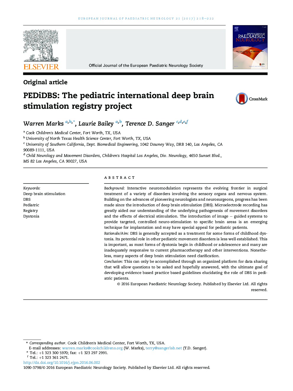 Original articlePEDiDBS: The pediatric international deep brain stimulation registry project