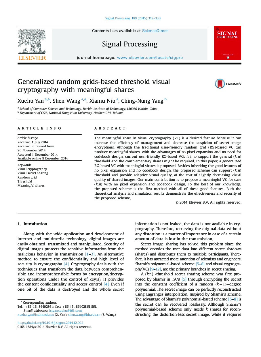 Generalized random grids-based threshold visual cryptography with meaningful shares