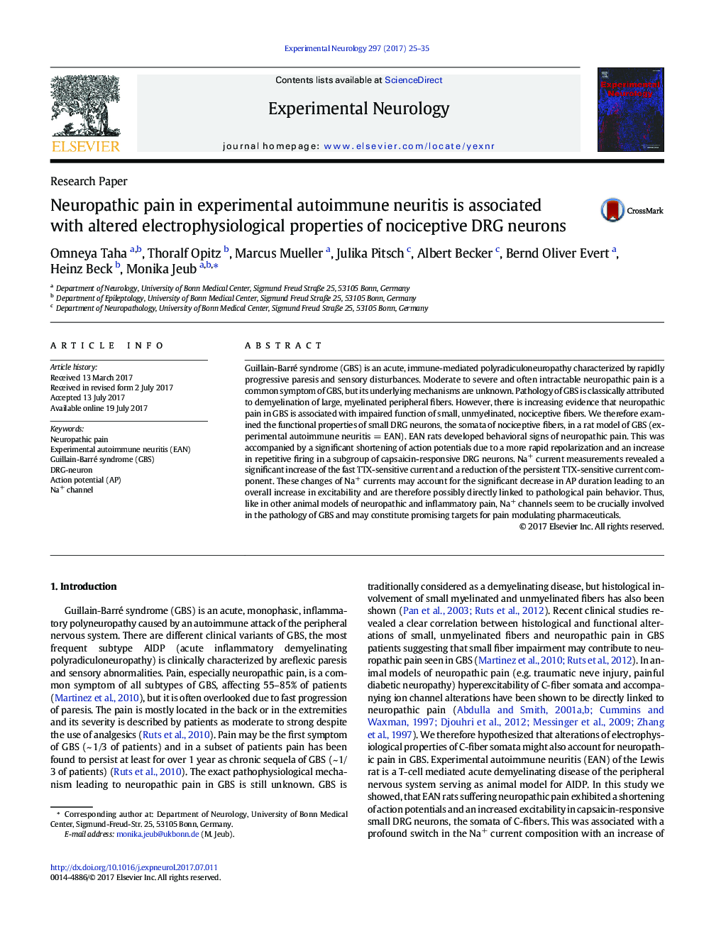 Research PaperNeuropathic pain in experimental autoimmune neuritis is associated with altered electrophysiological properties of nociceptive DRG neurons