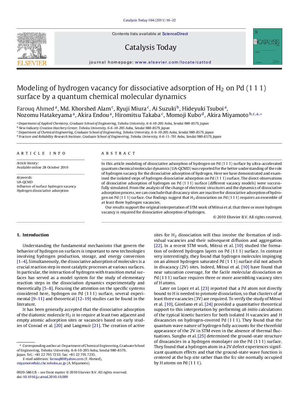 Modeling of hydrogen vacancy for dissociative adsorption of H2 on Pd (1 1 1) surface by a quantum chemical molecular dynamics