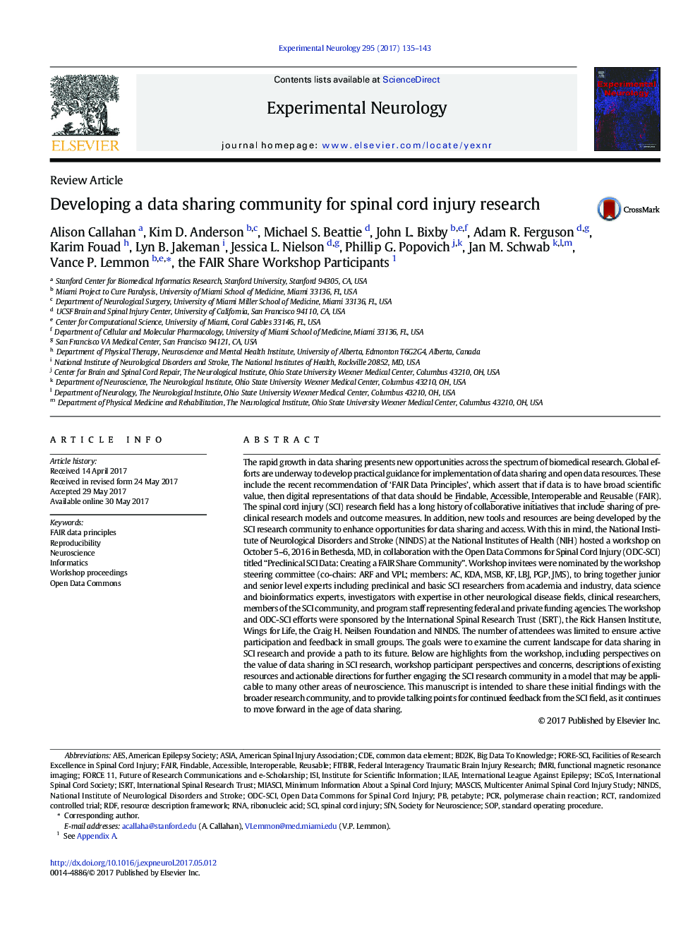 Review ArticleDeveloping a data sharing community for spinal cord injury research