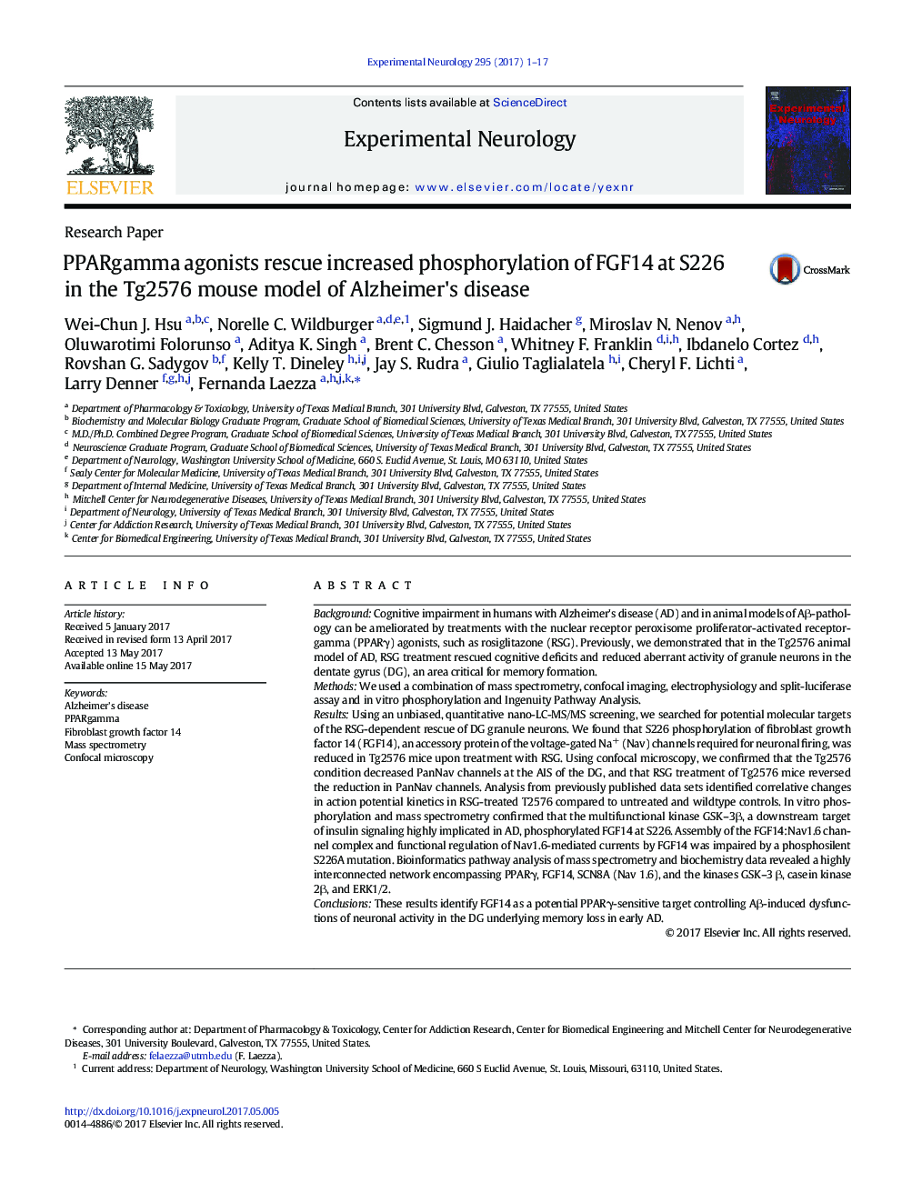 Research PaperPPARgamma agonists rescue increased phosphorylation of FGF14 at S226 in the Tg2576 mouse model of Alzheimer's disease