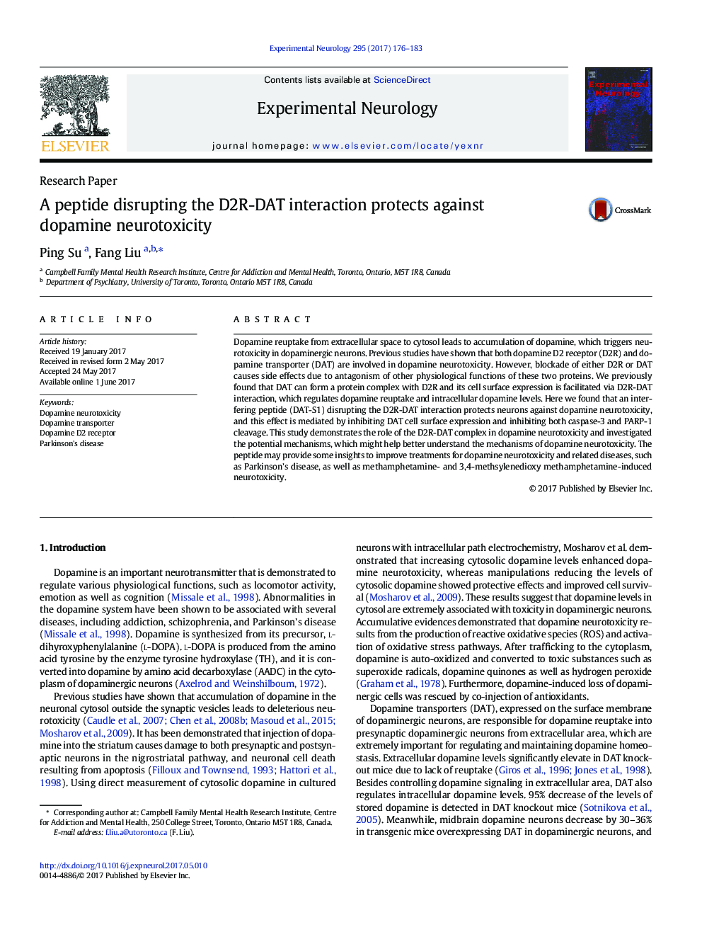 Research PaperA peptide disrupting the D2R-DAT interaction protects against dopamine neurotoxicity