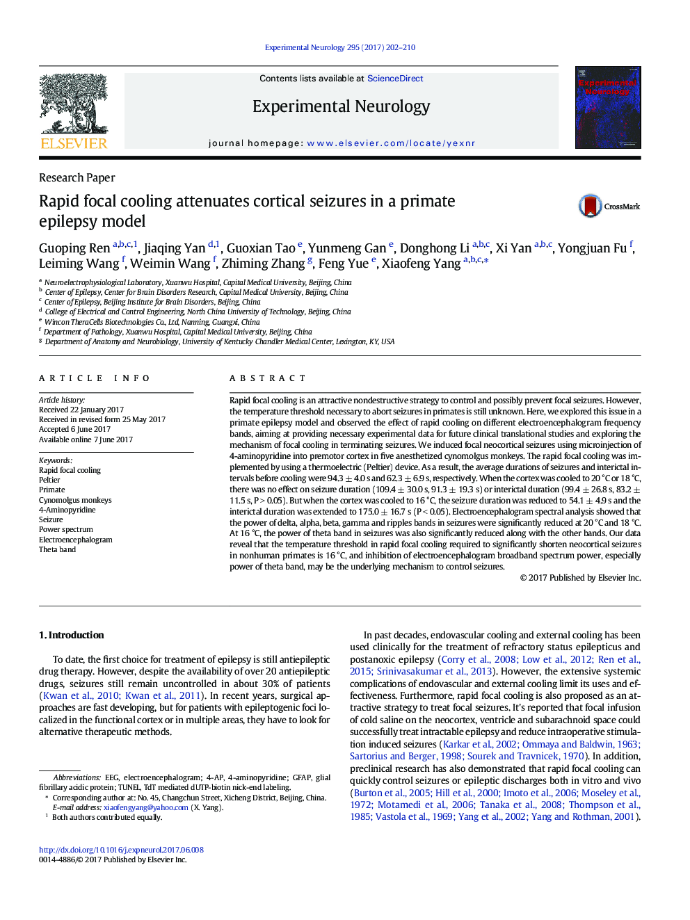 Research PaperRapid focal cooling attenuates cortical seizures in a primate epilepsy model