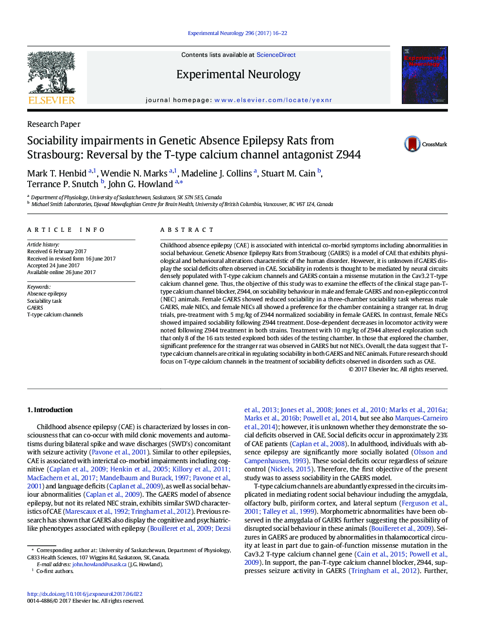 Research PaperSociability impairments in Genetic Absence Epilepsy Rats from Strasbourg: Reversal by the T-type calcium channel antagonist Z944