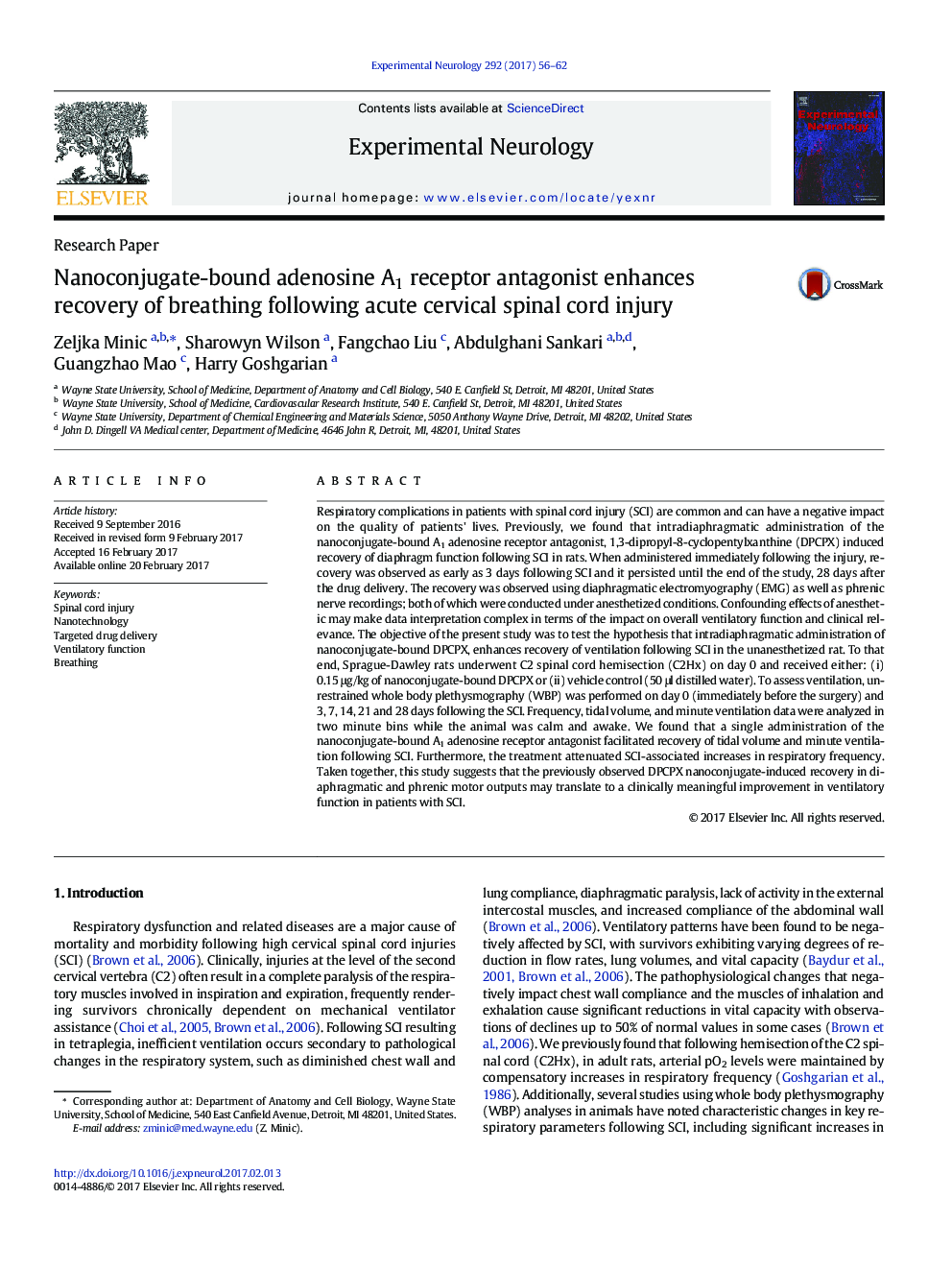 Research PaperNanoconjugate-bound adenosine A1 receptor antagonist enhances recovery of breathing following acute cervical spinal cord injury