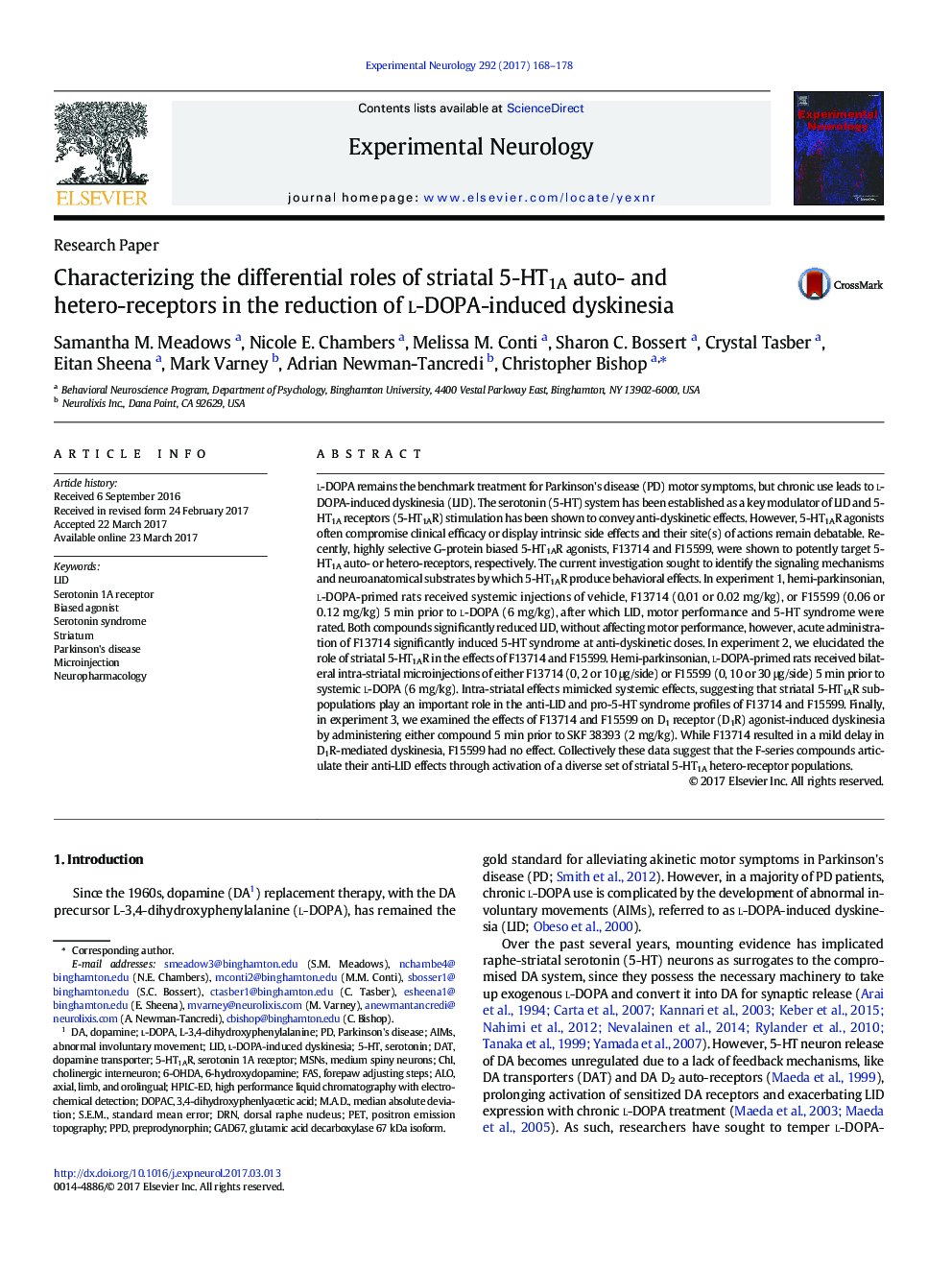 Research PaperCharacterizing the differential roles of striatal 5-HT1A auto- and hetero-receptors in the reduction of l-DOPA-induced dyskinesia