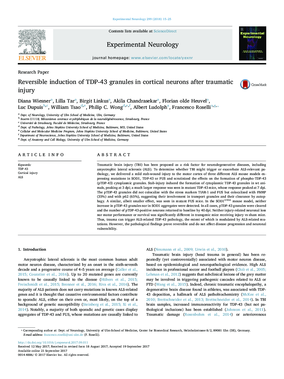 Research PaperReversible induction of TDP-43 granules in cortical neurons after traumatic injury