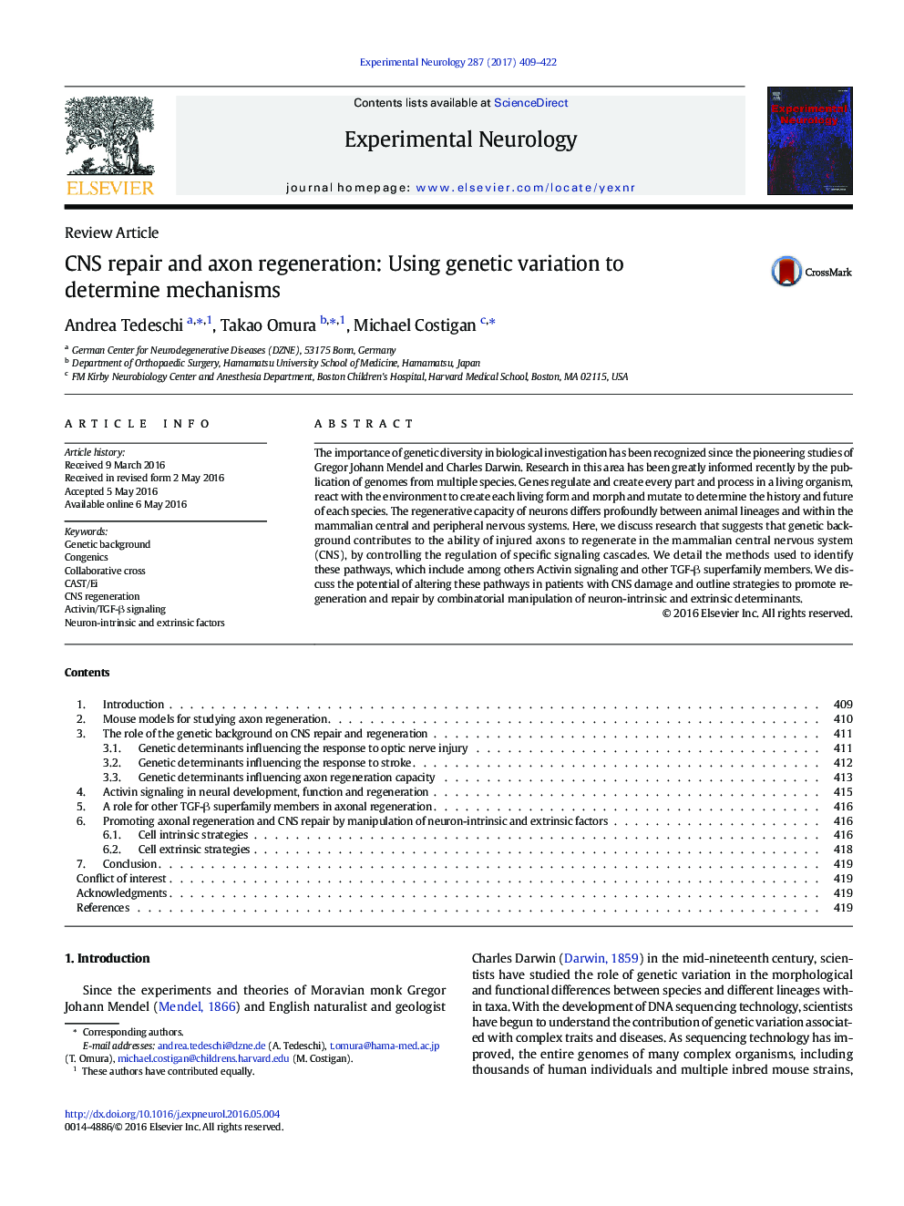 Review ArticleCNS repair and axon regeneration: Using genetic variation to determine mechanisms