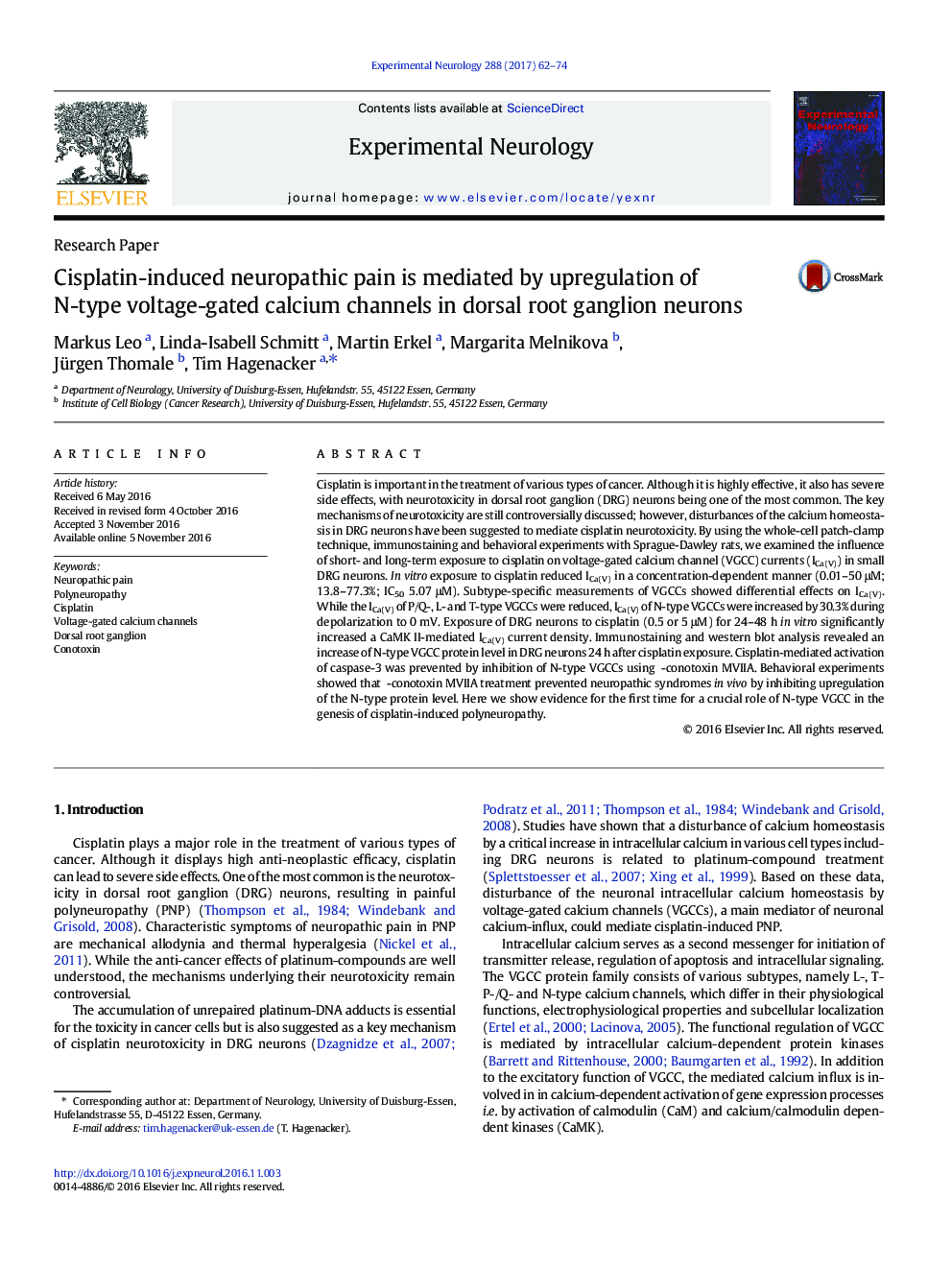 Research PaperCisplatin-induced neuropathic pain is mediated by upregulation of N-type voltage-gated calcium channels in dorsal root ganglion neurons