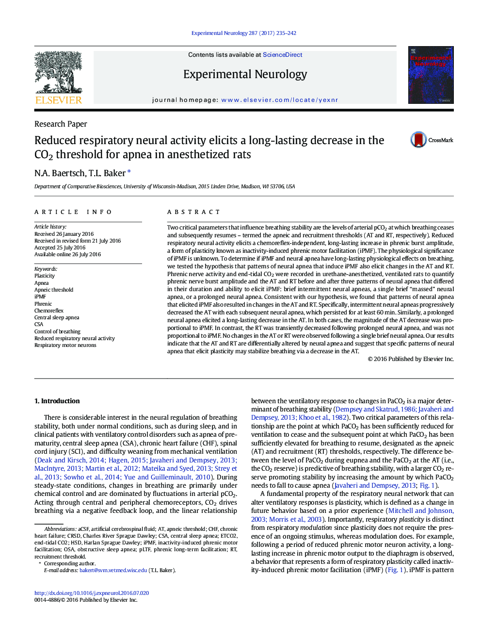 Research PaperReduced respiratory neural activity elicits a long-lasting decrease in the CO2 threshold for apnea in anesthetized rats