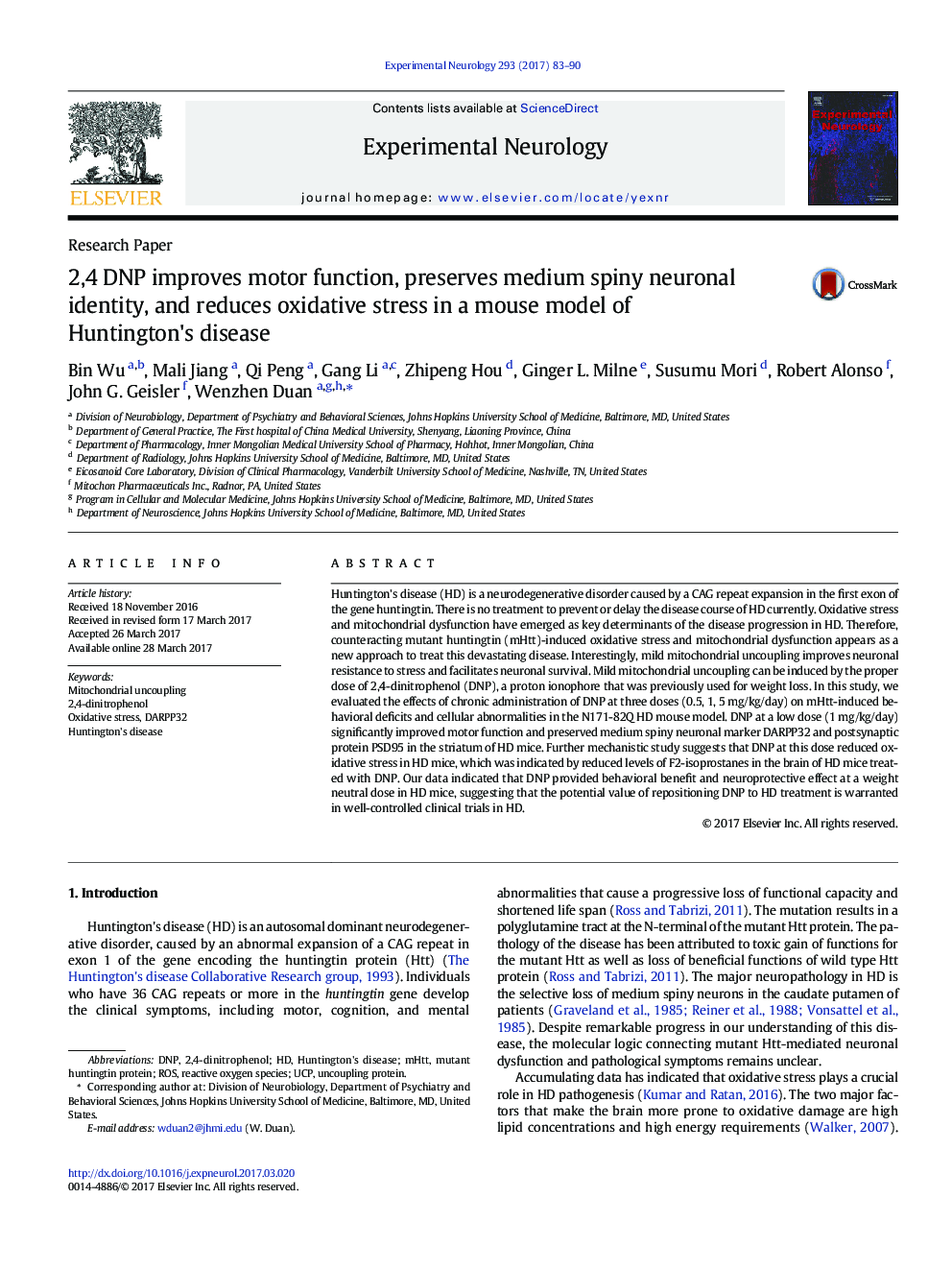 Research Paper2,4 DNP improves motor function, preserves medium spiny neuronal identity, and reduces oxidative stress in a mouse model of Huntington's disease