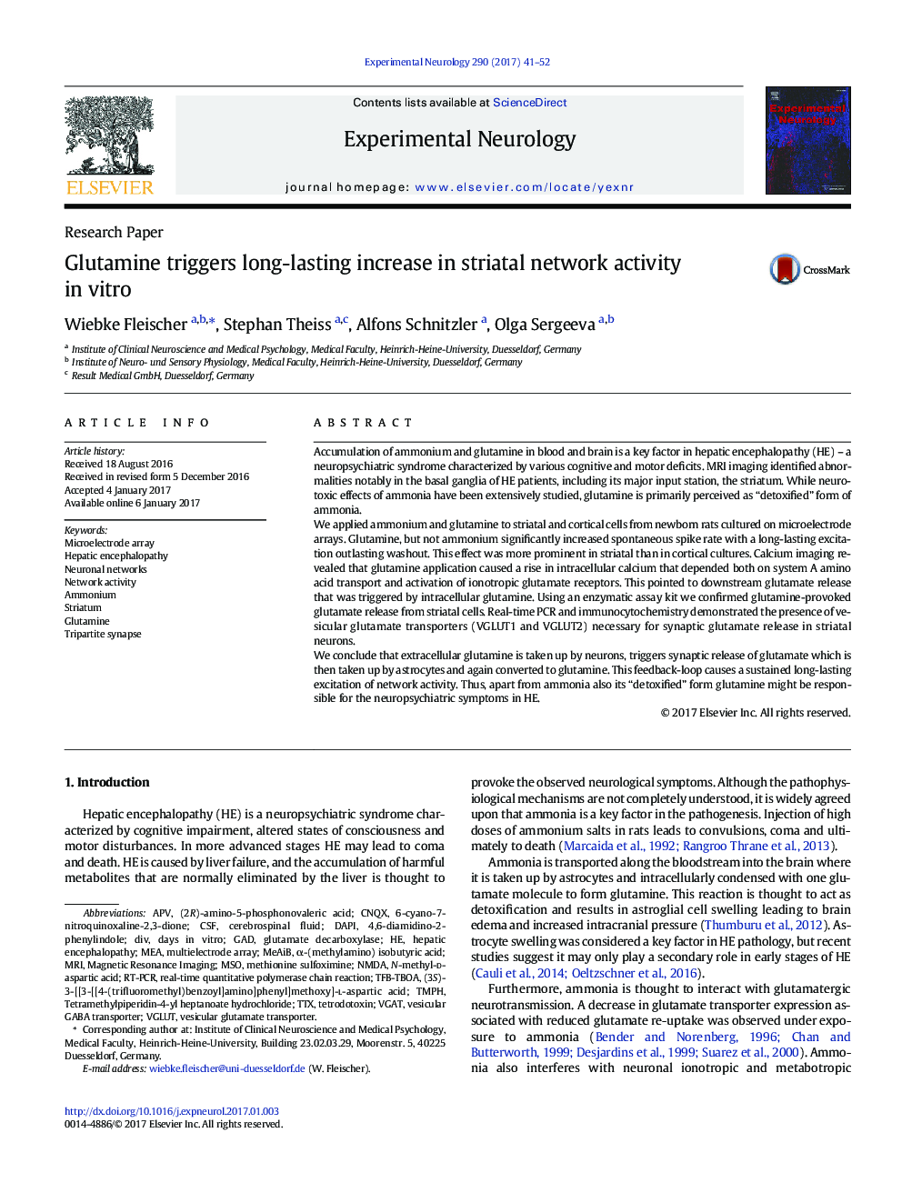 عکس صفحه اول مقاله: Research PaperGlutamine triggers long-lasting increase in striatal network activity in vitro Research PaperGlutamine triggers long-lasting increase in striatal network activity in vitro