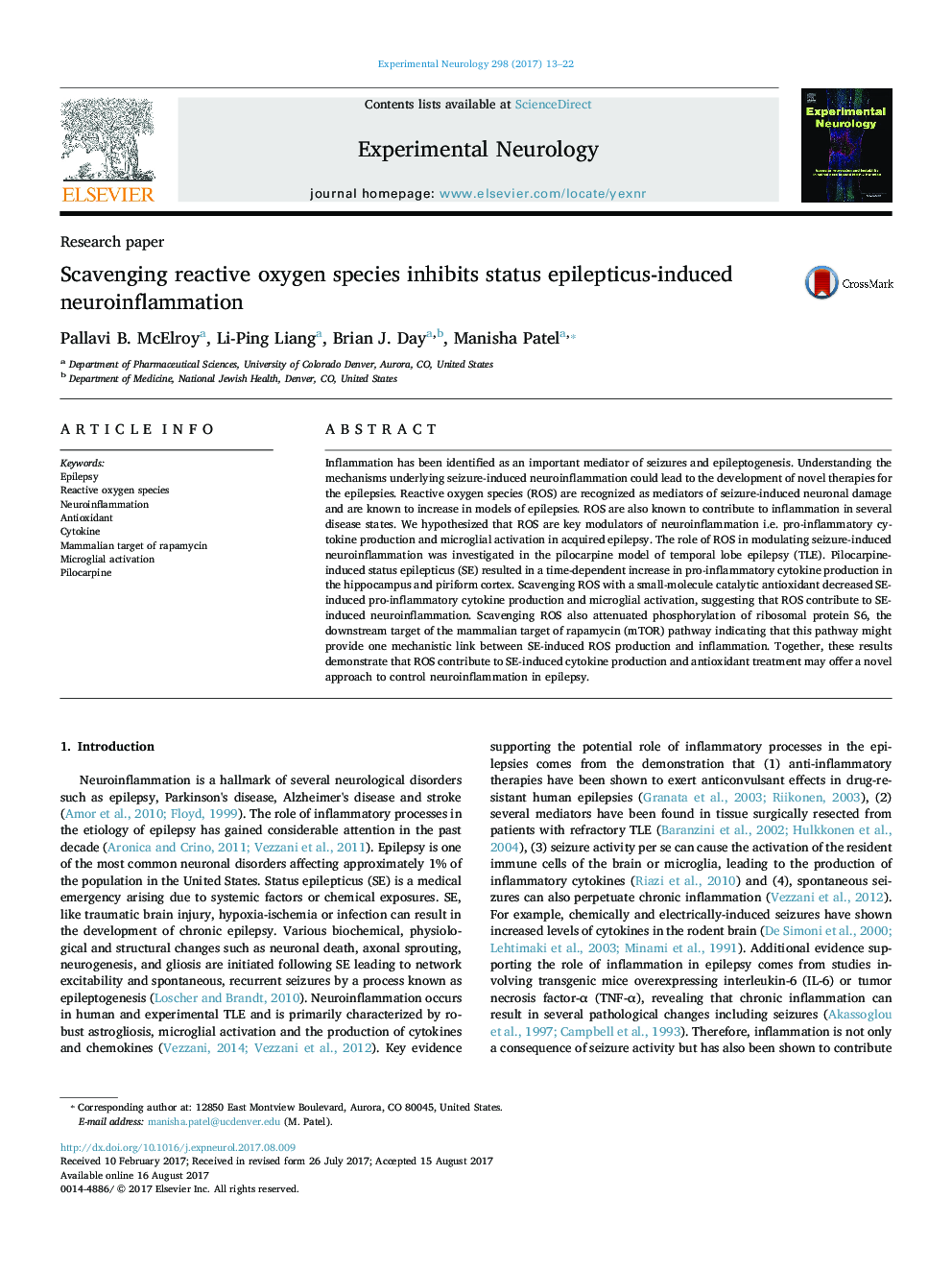 Research paperScavenging reactive oxygen species inhibits status epilepticus-induced neuroinflammation