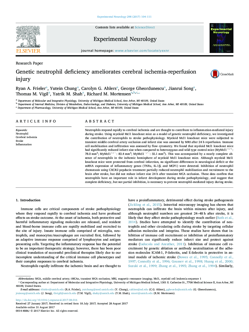 Research PaperGenetic neutrophil deficiency ameliorates cerebral ischemia-reperfusion injury