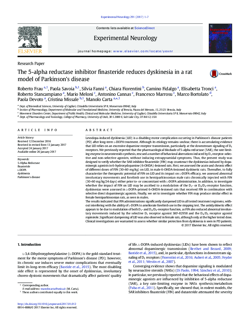 مقاله پژوهشی فیناستراید مهارکننده 5-آلفا ردوکتاز باعث کاهش دیسکینزی در یک مدل موش صحرایی از بیماری پارکینسون می شود. 